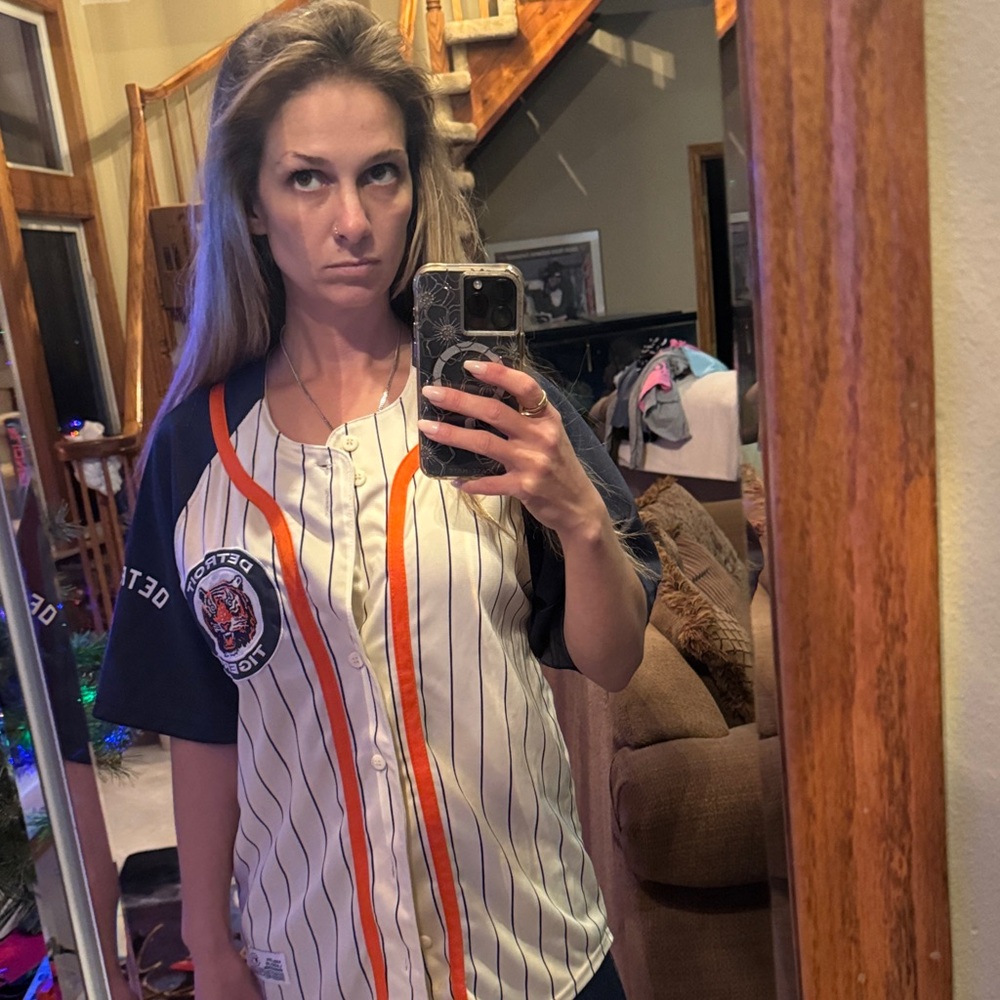 Detroit Tigers Striped Baseball Jersey with Orange Accents